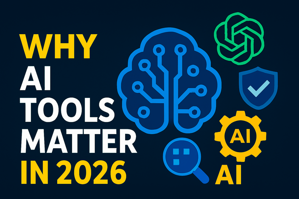 Brain circuit icon with gear, shield, and chain link showing importance of AI tools in 2026.