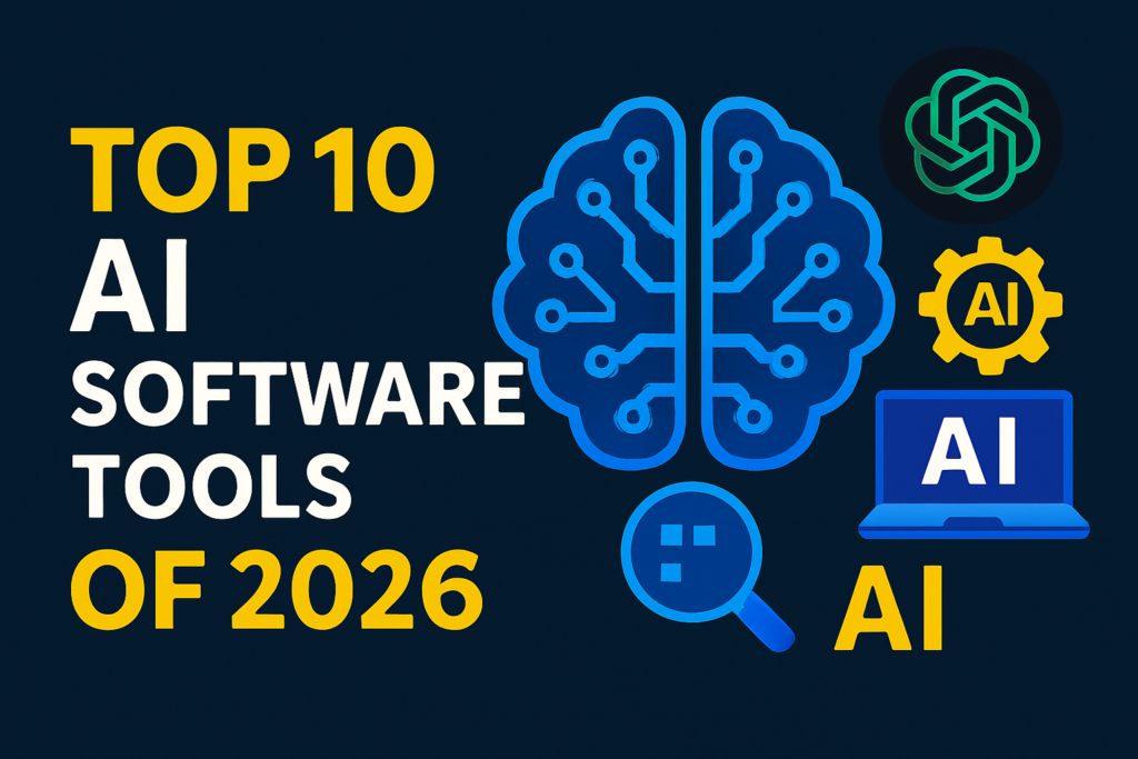 Futuristic blog header showing brain circuit icon and AI tool logos with bold title text.