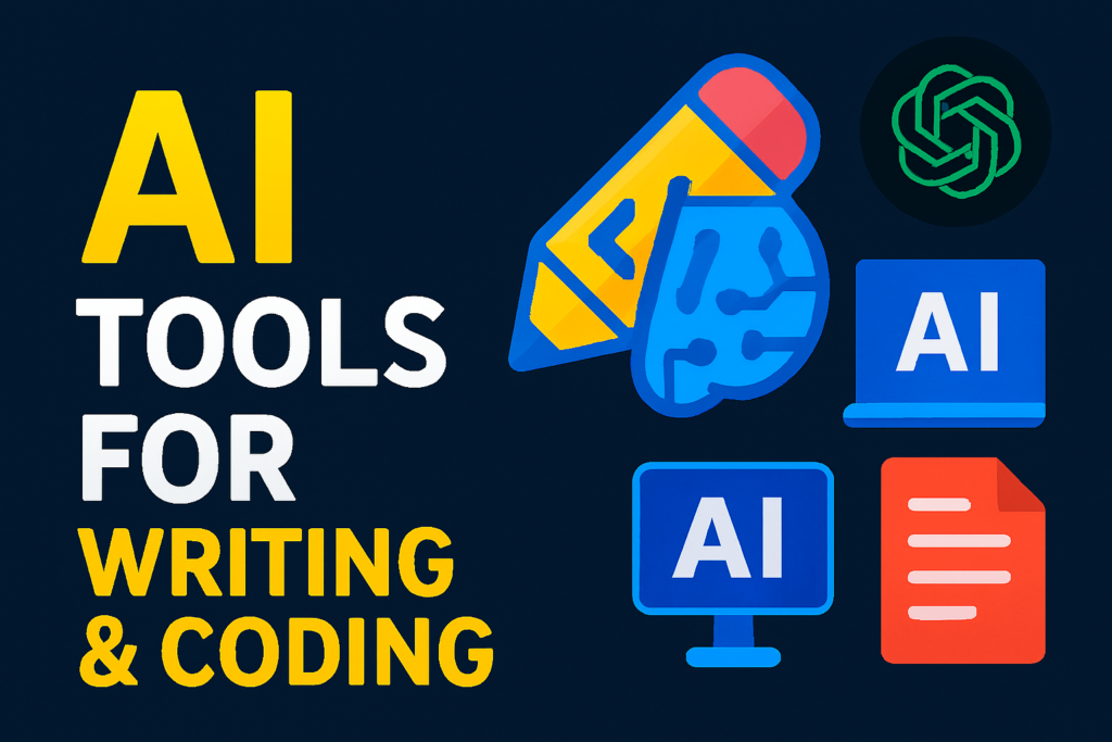  Icons of pencil, code brackets, ChatGPT, and documents representing AI tools for writing and coding.