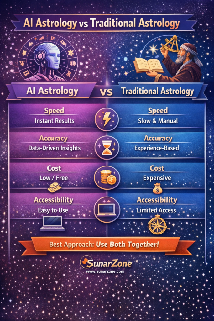 AI Astrology vs Traditional Astrology – Which one suits your needs better? Comparison between AI astrology and traditional astrology showing speed, accuracy, cost, and accessibility differences