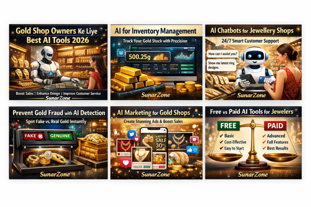Blog banner for gold shop AI tools with SunarZone branding.