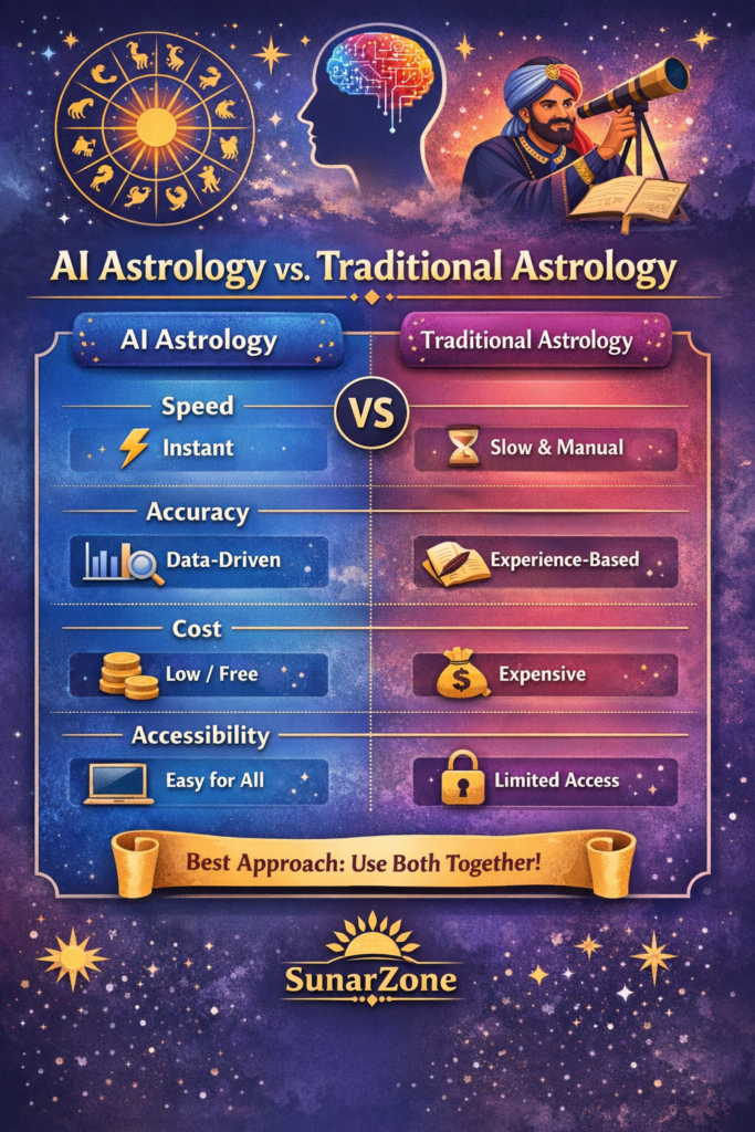 AI astrology is fast and data-driven—perfect for modern users. Infographic showing AI vs traditional astrology with zodiac wheel and tech elements.