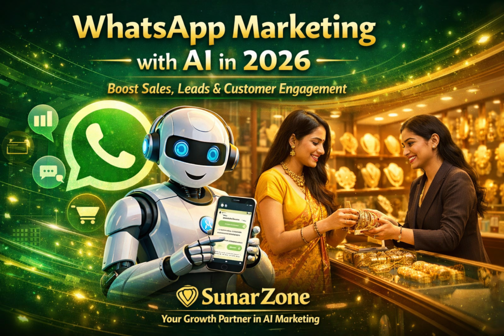 SunarZone WhatsApp Marketing with AI 2026 banner showing AI robot assisting jewellery customer, WhatsApp logo, and tagline Boost Sales, Leads & Customer Engagement.