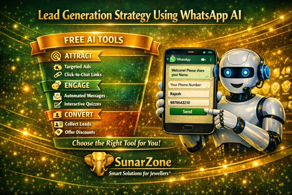 Lead Generation Strategy Using WhatsApp AI – SunarZone helps businesses attract, engage, and convert customers through smart WhatsApp automation. Lead Generation Strategy Using WhatsApp AI infographic by SunarZone showing funnel steps Attract, Engage, Convert, and Grow with AI robot and WhatsApp chat screen.