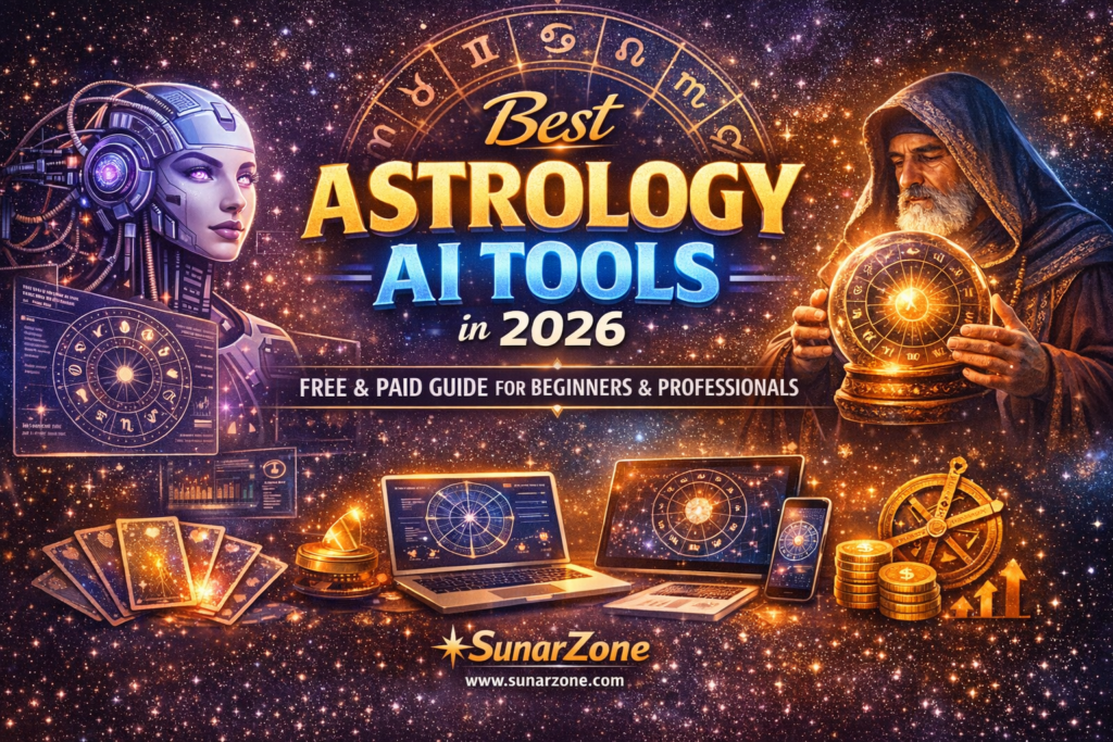 Eye-catching blog banner showing AI and traditional astrology with zodiac symbols, crystal ball, and SunarZone branding for the article “Best Astrology AI Tools in 2026”.