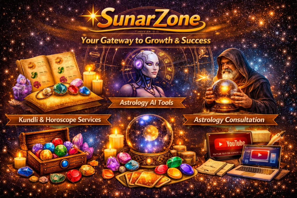 Explore all SunarZone services—astrology, gemstones, insurance, and expert consultations—your gateway to growth and success. Promotional graphic for SunarZone showcasing Kundli services, AI astrology tools, gemstone sales, insurance, and content creation.