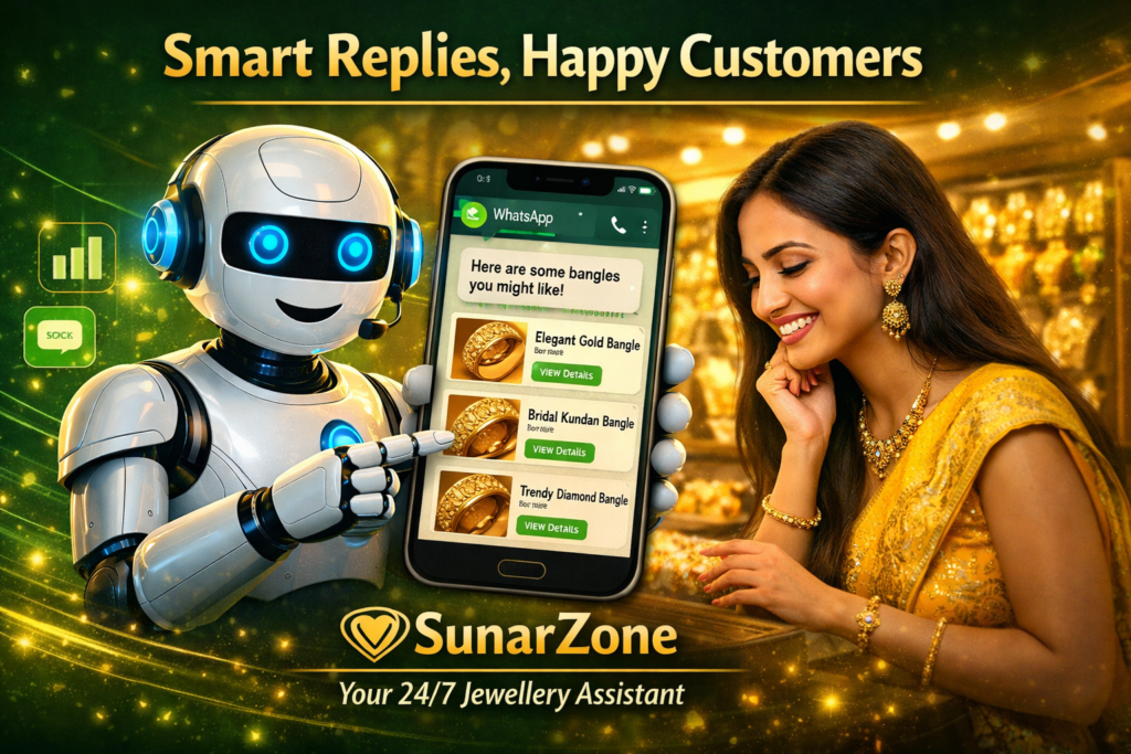 Smart Replies, Happy Customers – SunarZone’s AI chatbot helps jewellery buyers discover the perfect bangles instantly on WhatsApp. SunarZone WhatsApp AI chatbot scene showing robot assistant recommending gold bangles to a smiling jewellery customer in store.