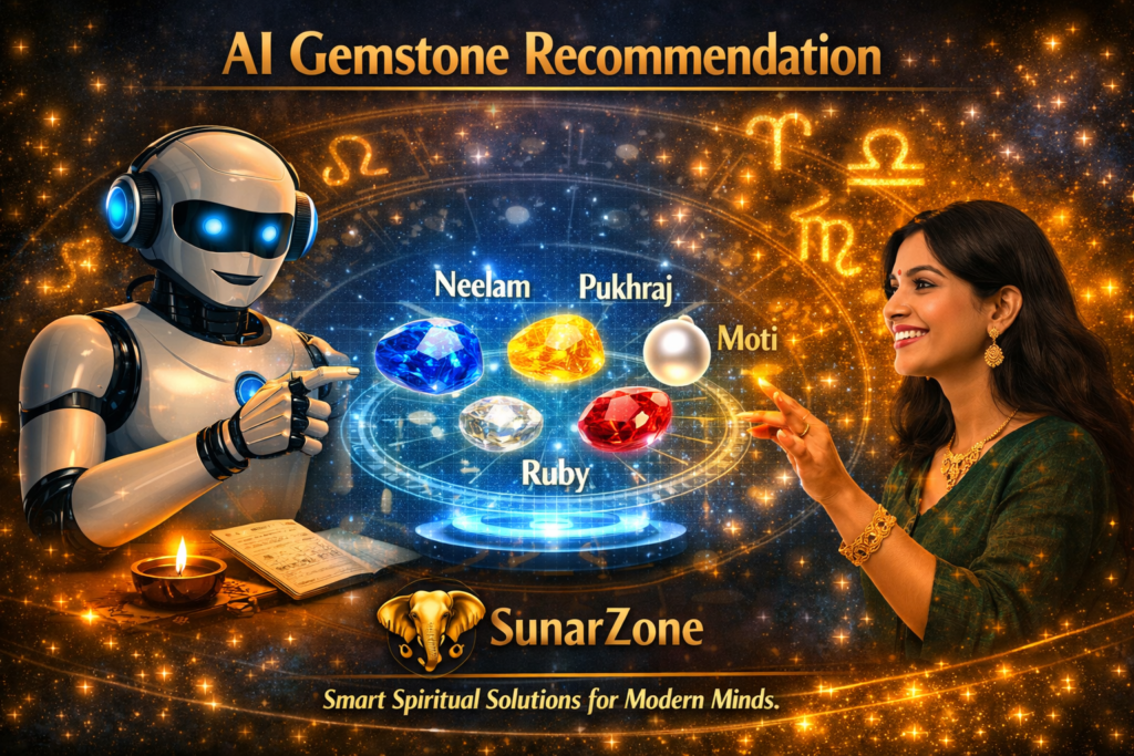AI robot showing holographic gemstones like Neelam, Pukhraj, Moti, and Ruby to a smiling woman with SunarZone logo at the bottom.