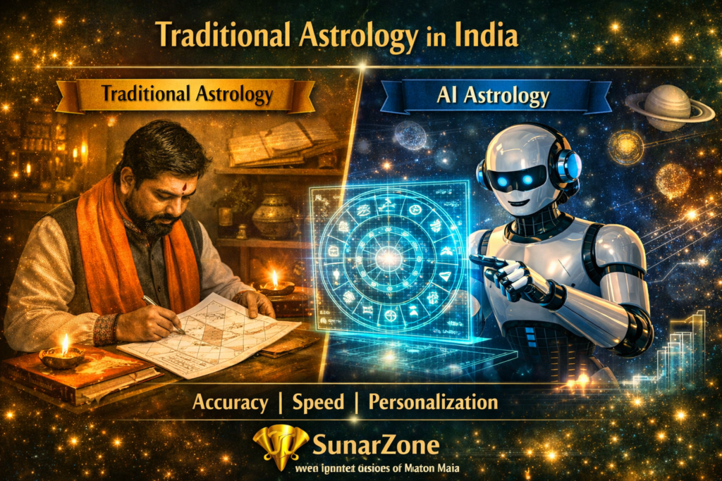 Comparison of Traditional Astrology with astrologer reading paper kundli on the left and AI Astrology with robot analyzing holographic chart on the right.