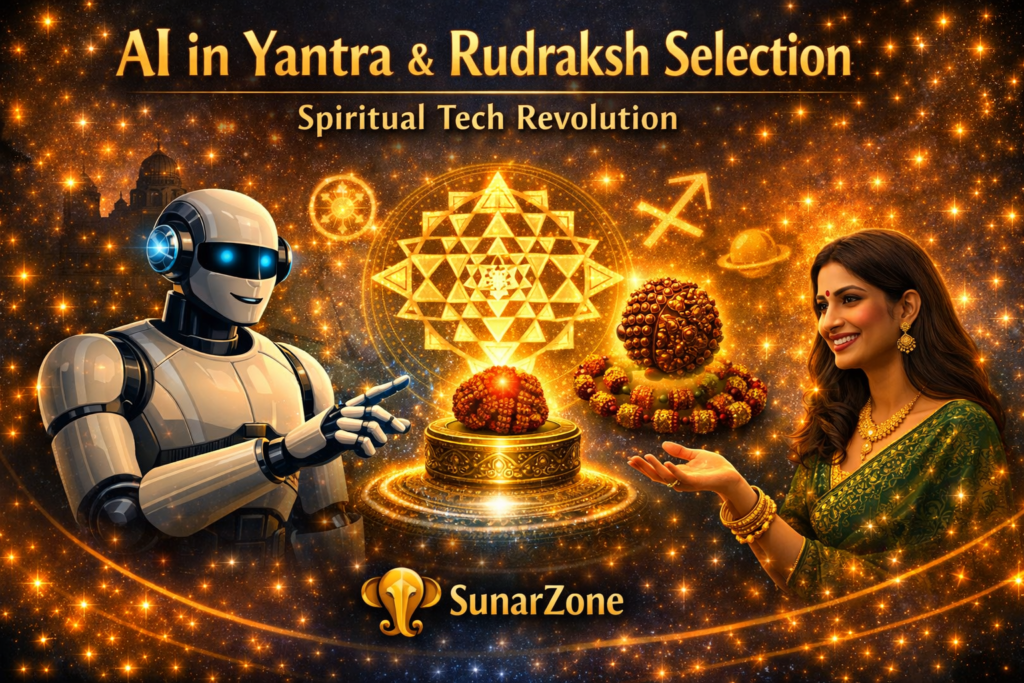 AI robot projecting holographic Sri Yantra and Rudraksh beads with an Indian woman smiling, cosmic background, and SunarZone logo at the bottom.