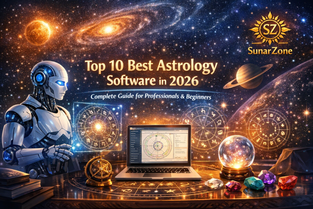 Futuristic AI robot astrologer projecting holographic zodiac chart with laptop showing astrology software, SunarZone logo, and cosmic background.