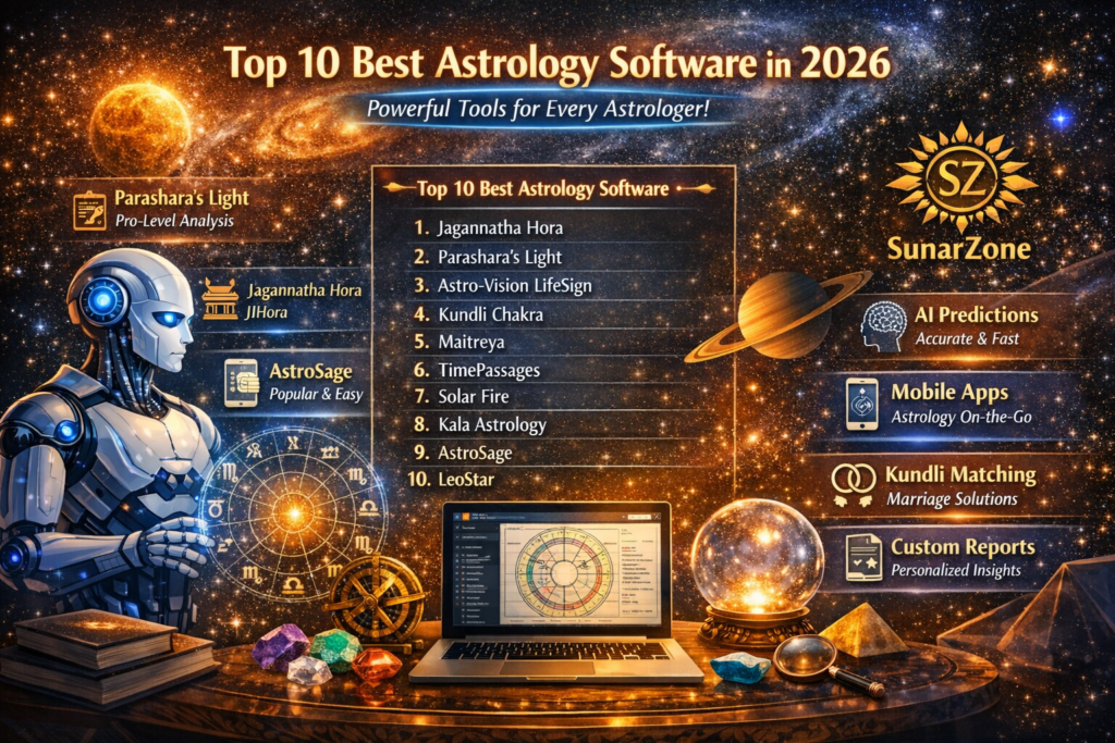 Infographic comparing top astrology software in 2026 with AI predictions, mobile apps, kundli matching, and custom reports, featuring Parashara’s Light, JHora, and AstroSage.