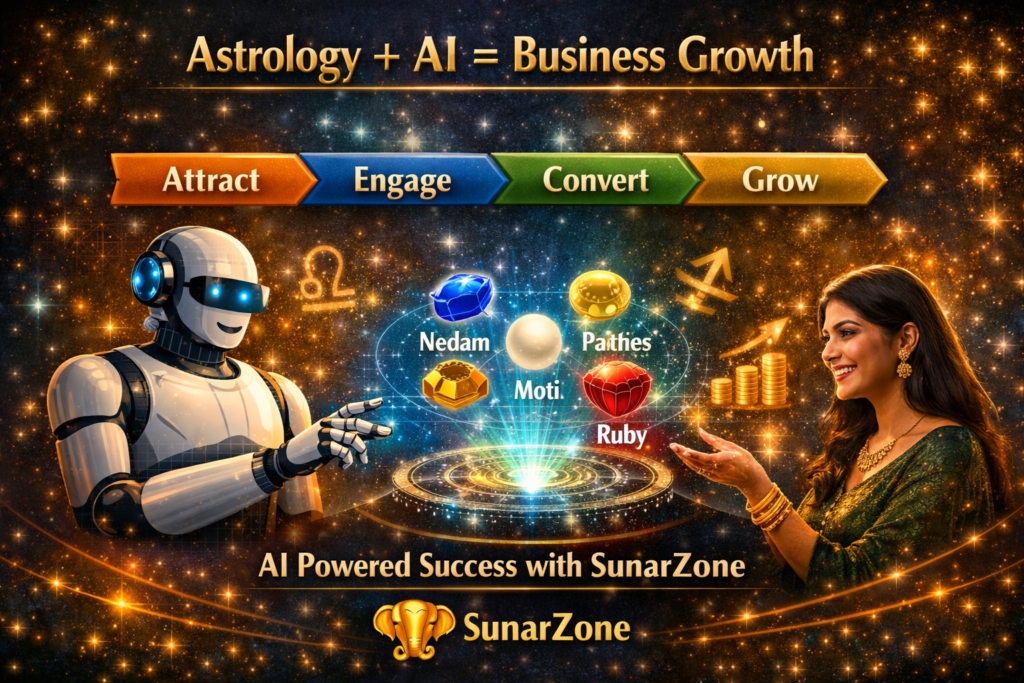 Business growth infographic showing funnel stages: Attract, Engage, Convert, Grow with the text “Astrology + AI = Business Growth” and SunarZone logo at the bottom.