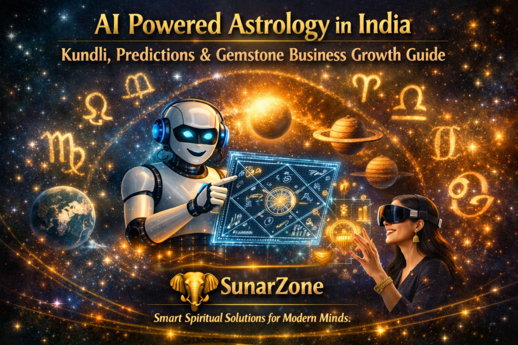 AI Powered Astrology in India blog banner showing AI robot analyzing holographic kundli chart with zodiac signs and SunarZone elephant logo.