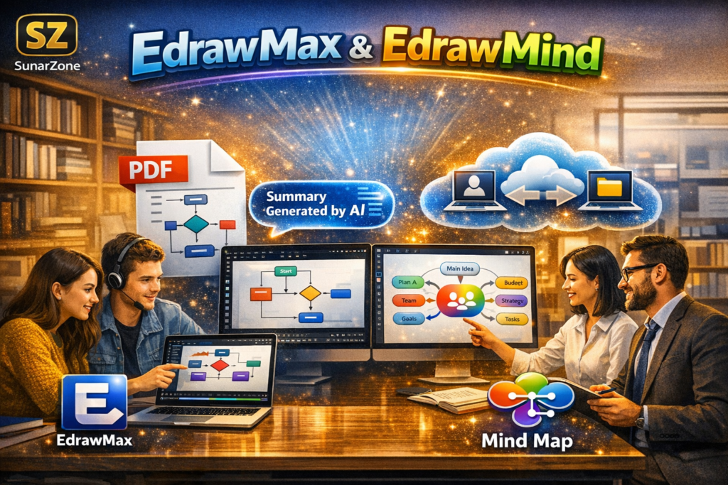 EdrawMax & EdrawMind: Visualize ideas and plans with flowcharts and mind maps — perfect for students, teams, and creative professionals. EdrawMax & EdrawMind visual showing flowchart and mind map side by side, with students and professionals using laptops — SunarZone branded image 2026.
