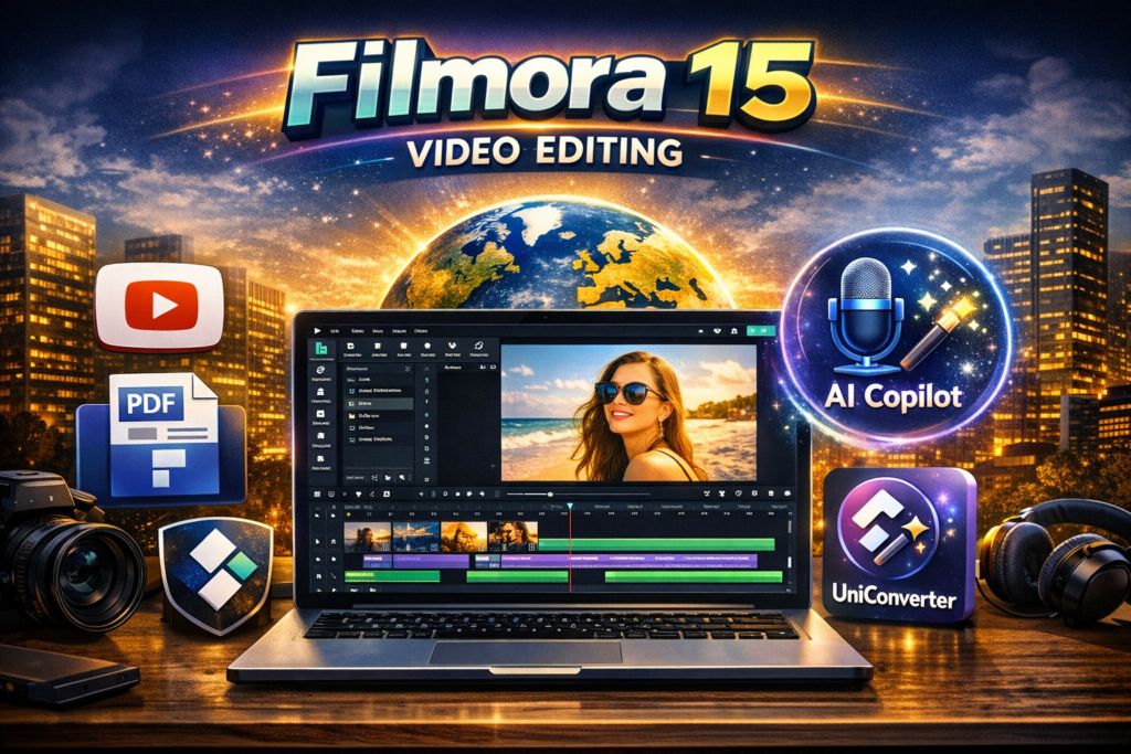 Filmora 15 Video Editing: Create, edit, and share videos easily with AI Copilot and social‑media integration — the smart way to bring your creativity to life. Filmora 15 Video Editing interface on laptop screen showing AI Copilot icon (microphone + magic wand) with YouTube and Instagram symbols — SunarZone branded visual 2026.