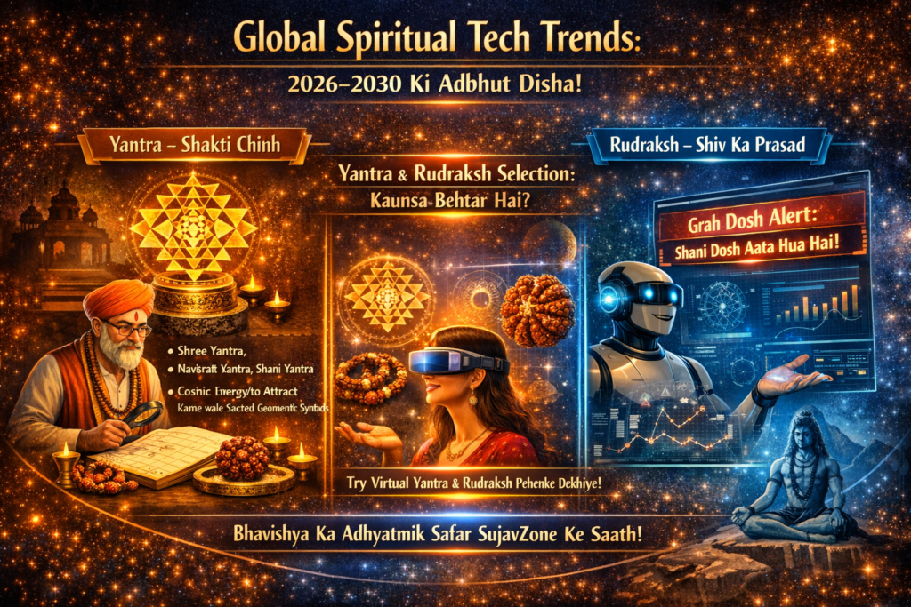 Infographic showing global spiritual tech trends for 2026–2030 with Voice‑Based AI Pandit, AR Spiritual Experience, and Predictive Spiritual Analytics.