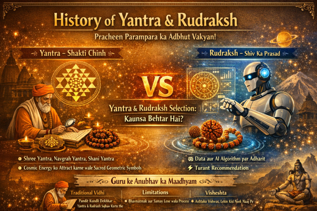 Infographic showing the ancient history of Yantra and Rudraksh with Shree Yantra, Rudraksh beads, Sanskrit scriptures, and Lord Shiva meditating in the background.