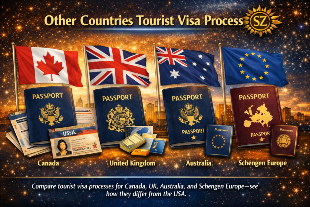 Flags and passports of Canada, United Kingdom, Australia, and Schengen Europe representing their tourist visa processes compared to the USA — SunarZone 2026.