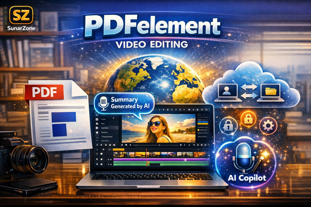 PDFelement: Manage, edit, and summarize documents with AI power and cloud collaboration — streamline your workflow for smarter productivity. PDFelement Document Management visual showing PDF file icon, AI summarization bubble “Summary Generated by AI,” and cloud collaboration illustration — SunarZone branded visual 2026.