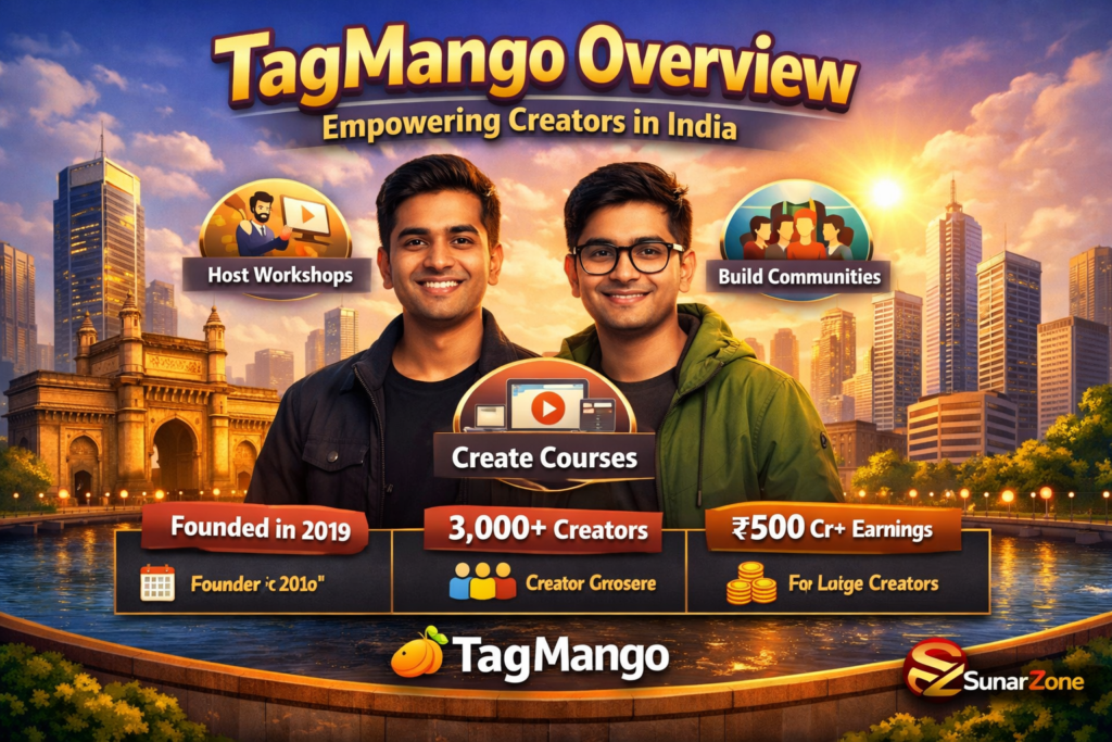 TagMango Overview visual showing founders Divyanshu Damani and Mohammad Hasan with Gateway of India backdrop, icons for workshops, courses, and communities, and SunarZone logo — empowering creators in India.