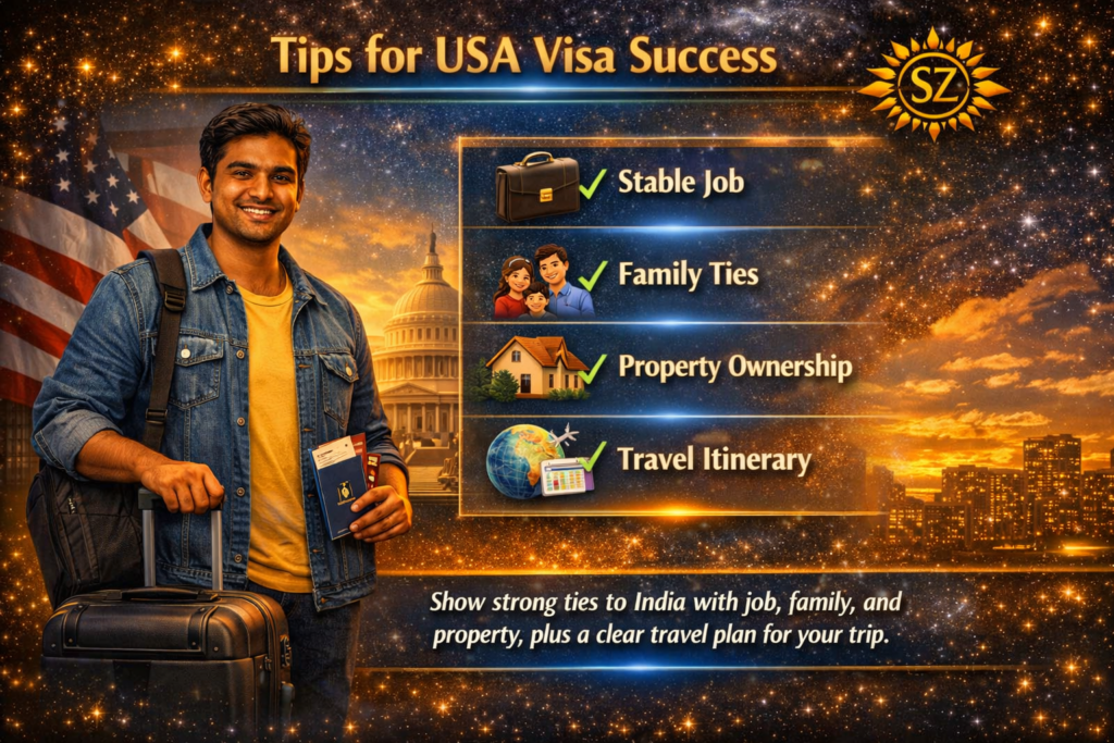 Traveler with suitcase and checklist showing job, family, property, and travel plan tips for USA Visa success — SunarZone 2026.