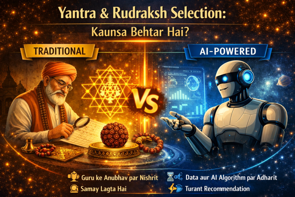 Infographic comparing traditional and AI‑powered Yantra & Rudraksh selection with a pandit on the left and an AI robot on the right, showing “VS” in the center.