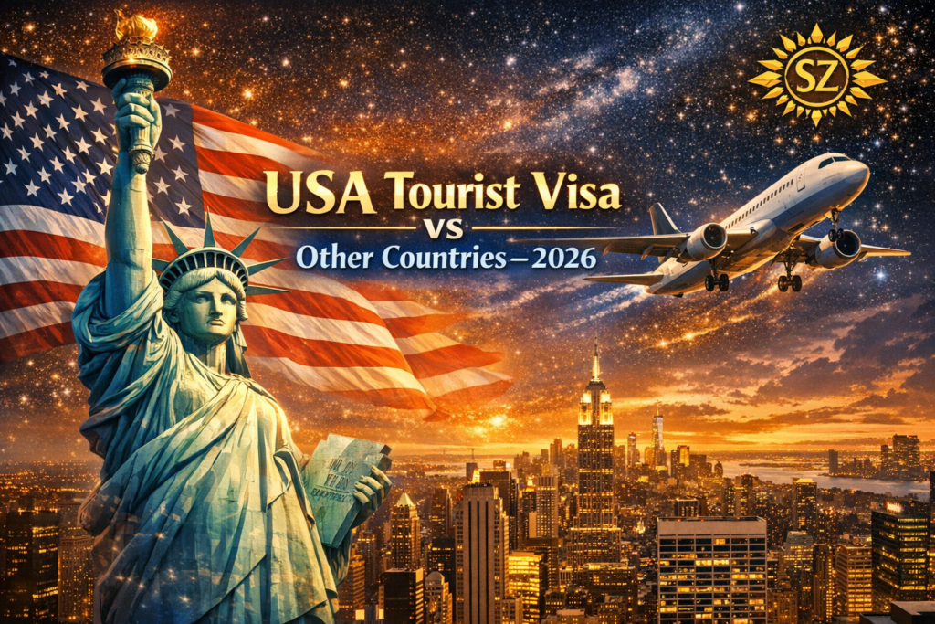 Statue of Liberty with American flag and airplane flying over New York skyline, representing USA Tourist Visa comparison with other countries – SunarZone 2026.