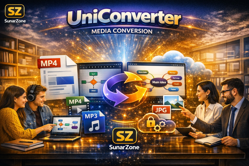 UniConverter: Convert videos, audio, images, and documents effortlessly — your all‑in‑one media converter for any format needs. UniConverter Media Conversion visual showing MP4, MP3, JPG, and PDF file icons with conversion arrows and SunarZone logo — branded image 2026.