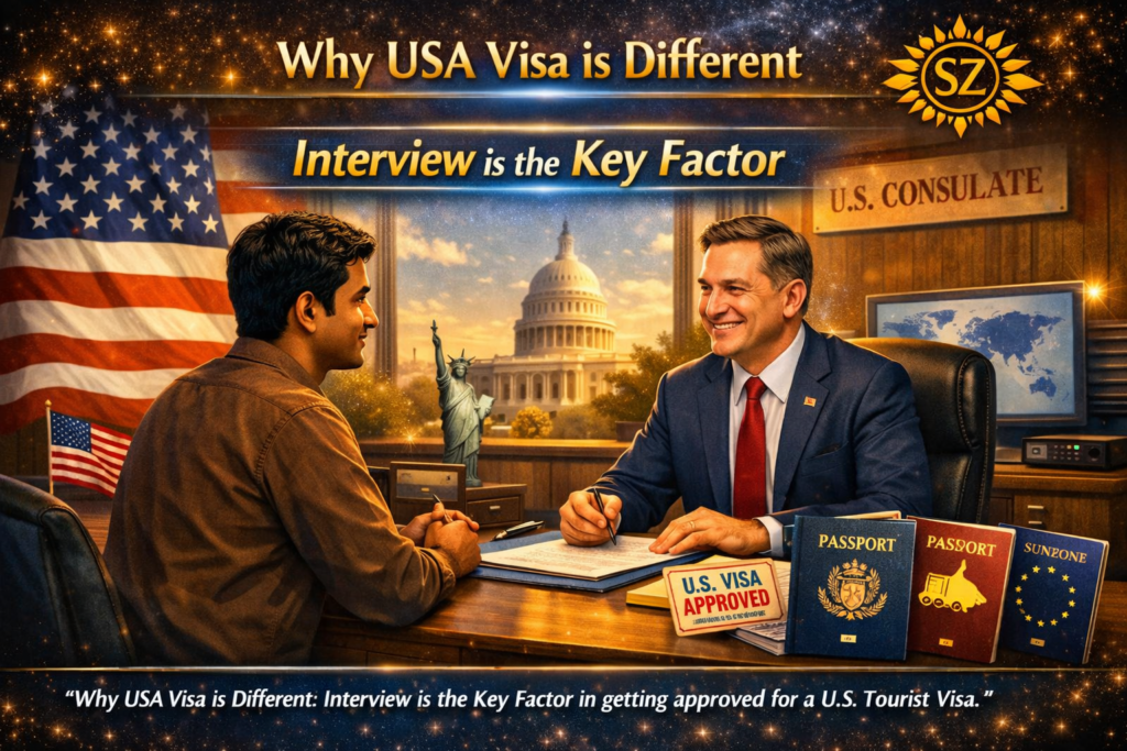 Applicant and U.S. consular officer during visa interview at embassy desk, showing that interview is the key factor in USA Tourist Visa approval — SunarZone 2026.