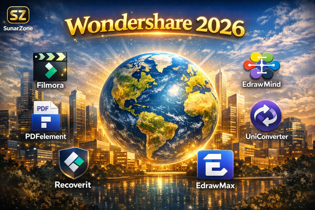 Wondershare 2026 global company overview showing golden title, glowing globe, modern office buildings, and icons of Filmora, PDFelement, EdrawMind, UniConverter, Recoverit, and EdrawMax — SunarZone branded visual.
