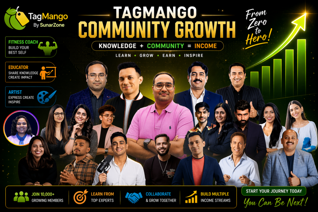 “TagMango Community Growth banner featuring digital marketing mentors, creators and entrepreneur Vivek Soni showing how knowledge and community build income online”